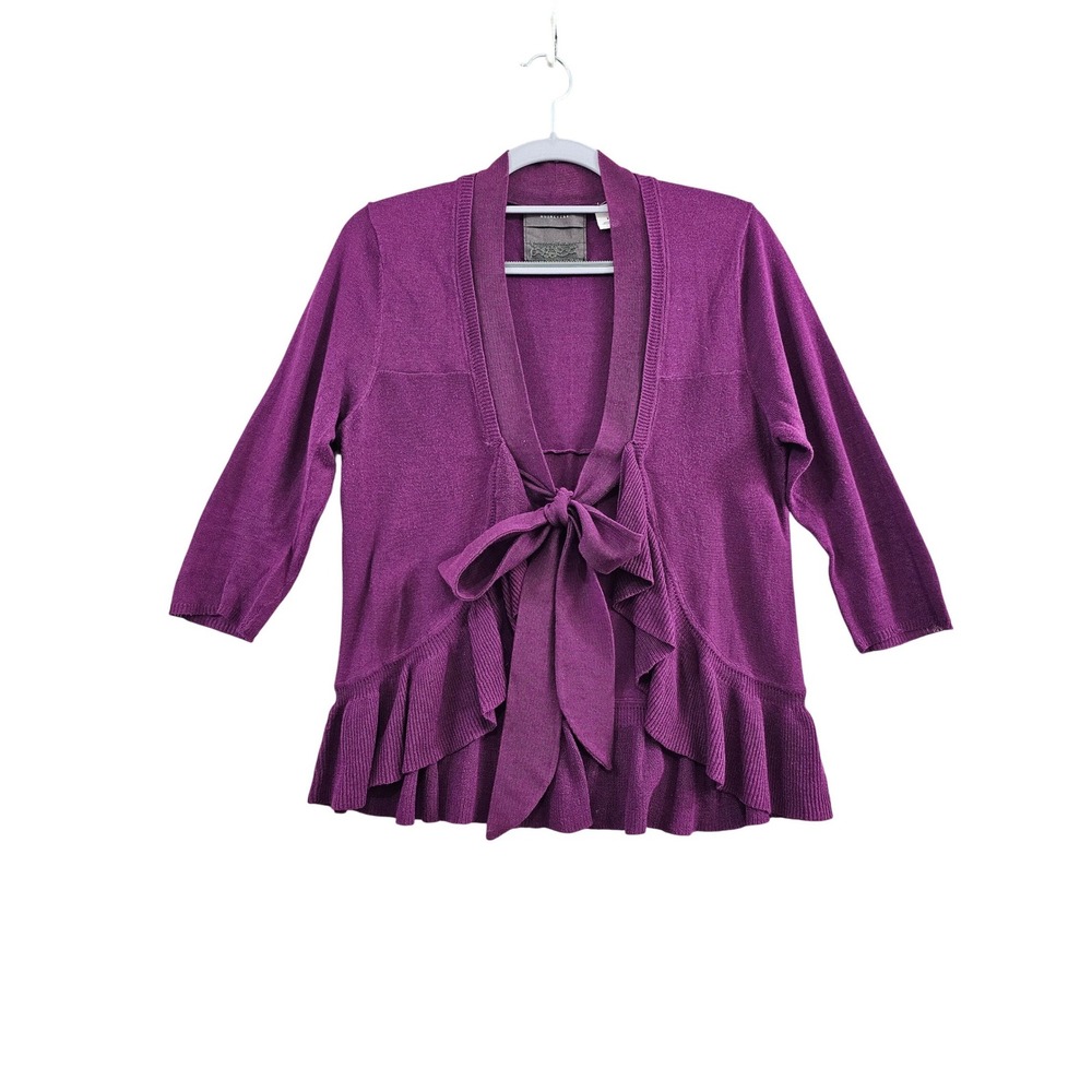 Guinevere Cardigan Womens Medium Purple Solid Tie Front Ruffle Hem Knit Sweater